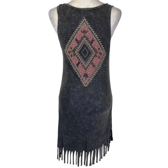 Vocal fringe rhinestone tank dress, size small acid wash aztec graphic boho midi - Picture 3 of 8